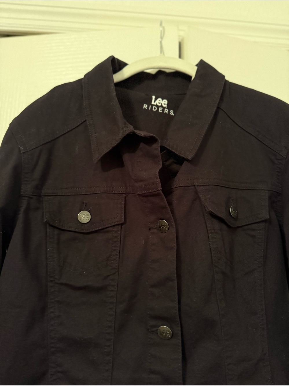 Lee Riders Black Denim Jacket Stretch Trucker Button Front Women’s Large Casual - Picture 4 of 8